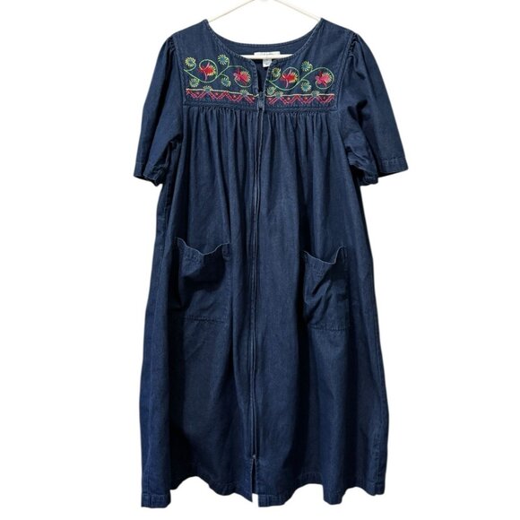 Go Softly Patio Denim Mumu Dress Zip Front Fruit Embroidered Pockets Size Medium - Picture 1 of 9